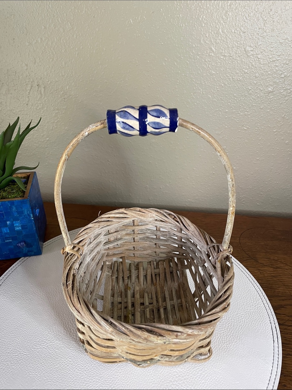 Vintage Wicker Handled Decorative Basket with Blue Ceramic Bead Accent - Picture 6 of 13